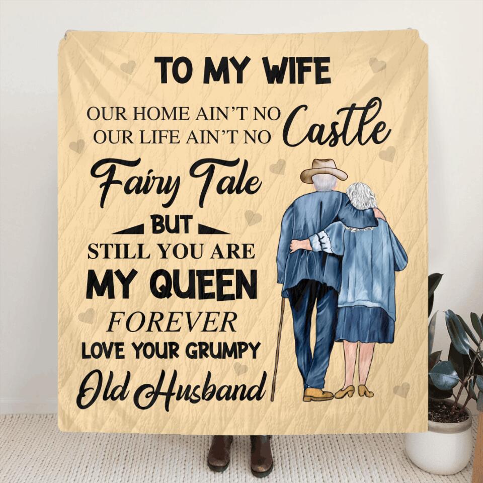 Personalized Old Couple Quilt/Fleece Throw Blanket/Pillow Cover - Gift Idea For Father's Day/Old Couple - To My Wife, You Are My Queen