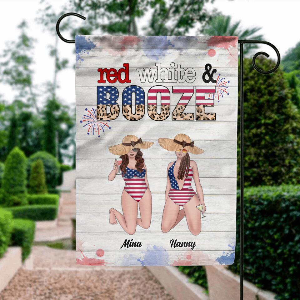 Personalized Friends Flag Sign - Up to 6 People - Gift Idea For Friends/Sisters/Independence Day - Red, White And Boozed