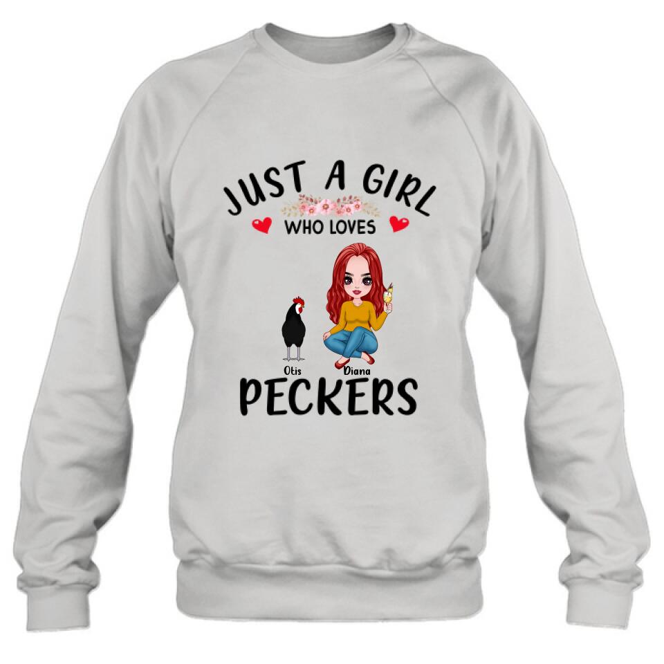 Personalized Chickens T-Shirt - Up to 4 Chickens - Just A Girl Who Loves Peckers