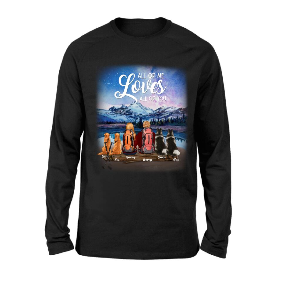 Personalized Camping T-shirt/Long Sleeve - Gift for Couples, Camping Lovers, Dog Lovers - Camping Couple and Dogs - Up to 4 Dogs - All of me loves all of you