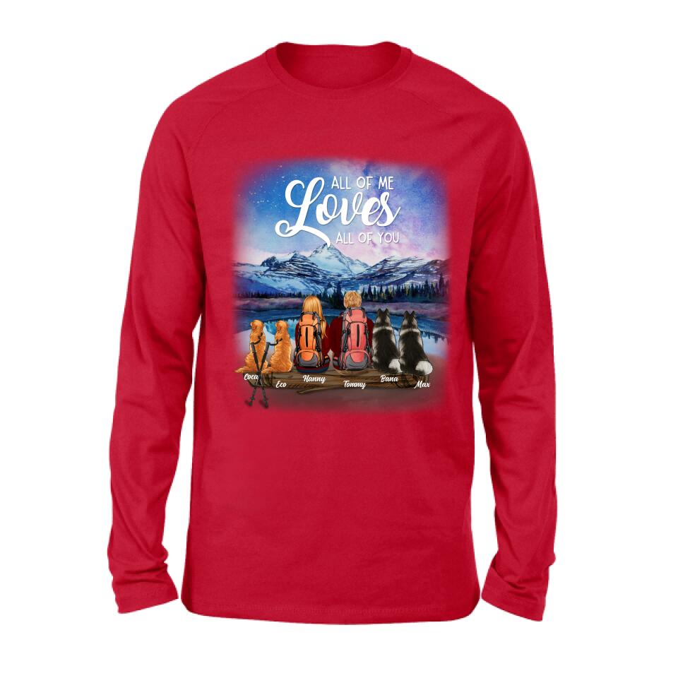 Personalized Camping T-shirt/Long Sleeve - Gift for Couples, Camping Lovers, Dog Lovers - Camping Couple and Dogs - Up to 4 Dogs - All of me loves all of you