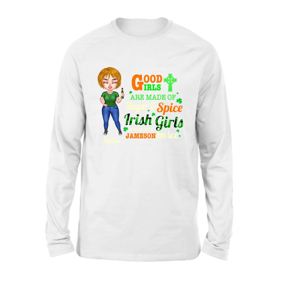 Personalized Irish Girl Chibi Shirt/Pullover Hoodie/Sweatshirt/Long Sleeve - Gift Idea For St Patrick's Day - Irish Girls Are Made Of Jameson On Ice