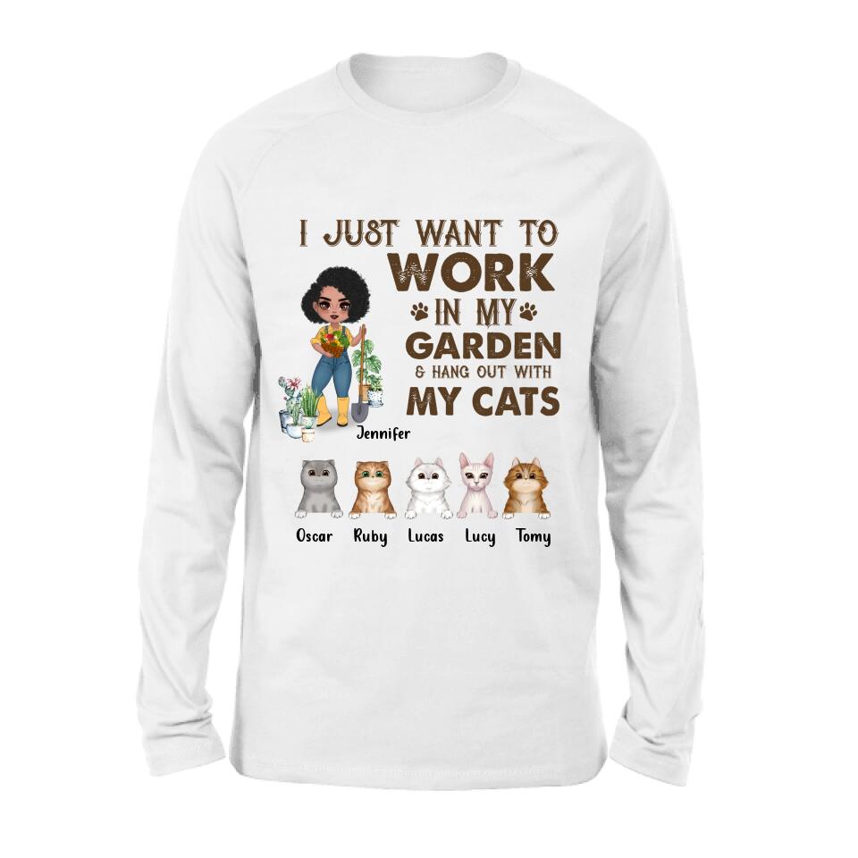 Personalized Pet Garden Shirt/Hoodie- Up to 5 Pets - Funny Gardening Gift For Dog/Cat Lover - I Just Want To Work In My Garden & Hang Out With My Cats