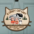 Personalized Cat Lady & Camper Door Sign - Couple With Up to 6 Cats - Best Gift For Cat Lovers/Couple - A Crazy Cat Lady And A Grumpy Camper Live Here