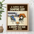 Personalized Couple Camping Poster - Couple With Up to 4 Pets - Gift Idea For Camping/Dog/Cat Lover - A Spoiled Camping Lady And Her Grumpy Husband Camp Here