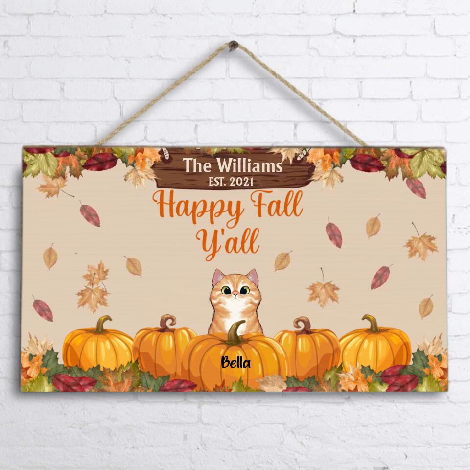 Personalized Pumpkin Cat Door Sign - Gift For Cat Lovers with up to 5 Cats - Happy Fall Y'all - SA170R
