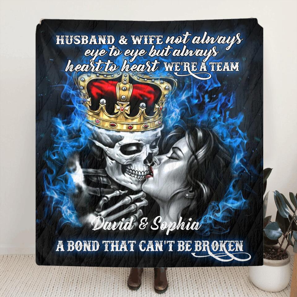 Personalized Skull Couple Quilt/Fleece Throw Blanket - Gift Idea For Couple - Husband & Wife Not Always Eye To Eye But Always Heart To Heart