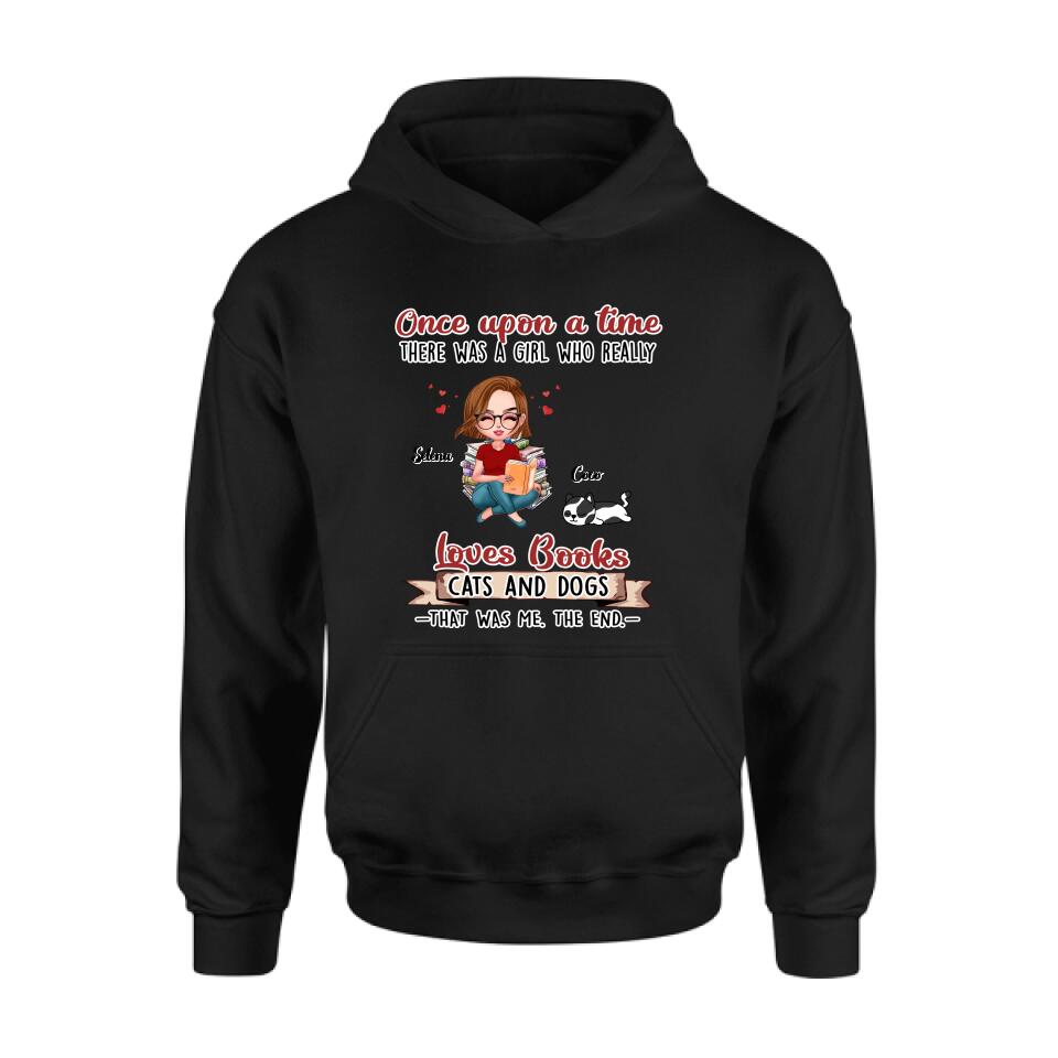 Personalized Reading Girl Shirt/Pullover Hoodie/Sweatshirt/Long Sleeve - Girl With Up to 4 Pets - Gift Idea For Book/Cat/Dog Lover - Loves Books, Cats And Dogs That Was Me