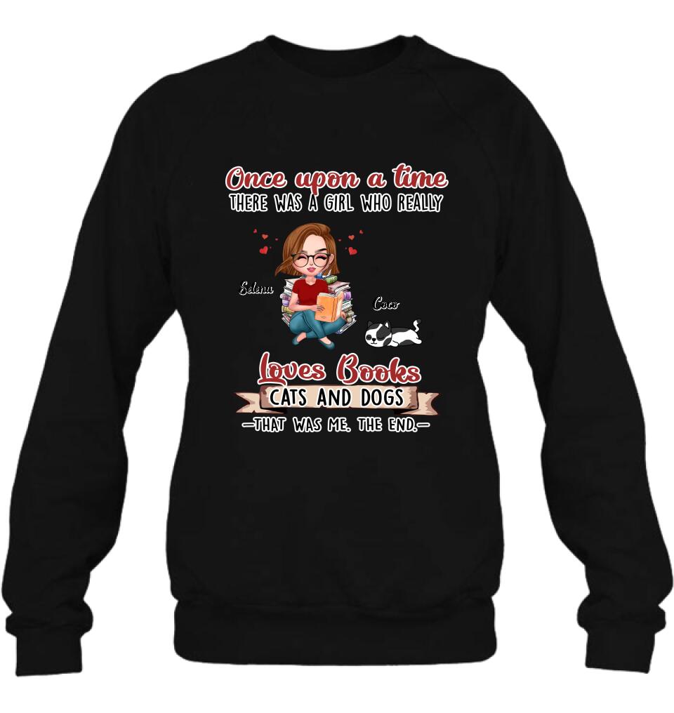 Personalized Reading Girl Shirt/Pullover Hoodie/Sweatshirt/Long Sleeve - Girl With Up to 4 Pets - Gift Idea For Book/Cat/Dog Lover - Loves Books, Cats And Dogs That Was Me