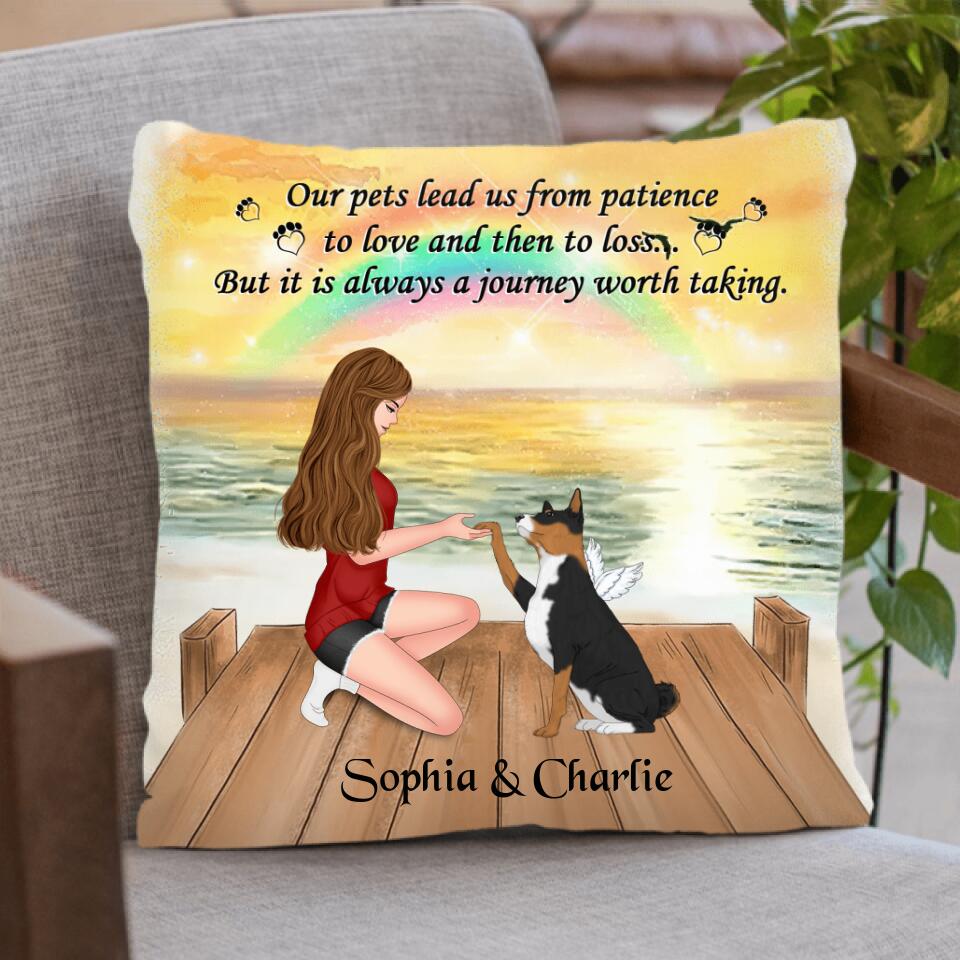 Personalized Dog Mom Pillow Cover - Memorial Gift For Dog Mom/Dog Lover - Our Pets Lead Us From Patience To Love And Then To Loss