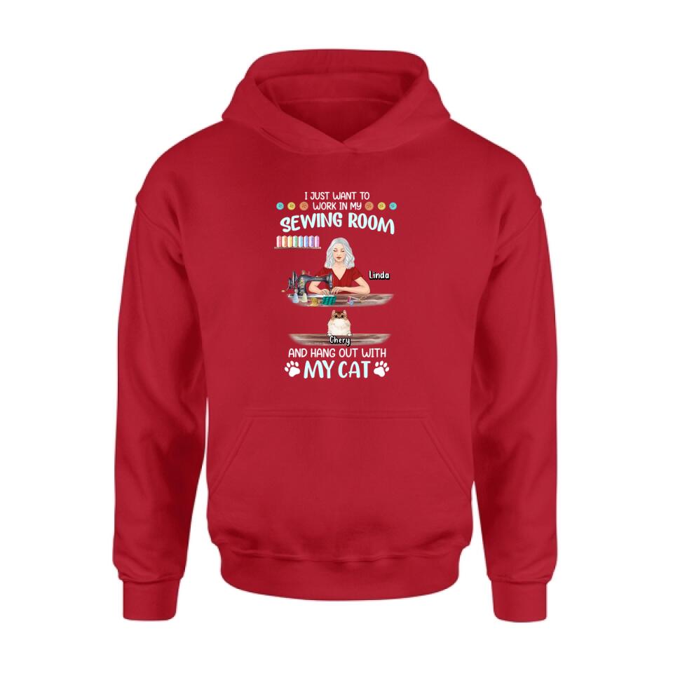 Personalized Cat Mom Sewing Shirt/Hoodie - Gift Idea For Cat and Sewing Lovers/Mother's Day - Up to 6 Cats - I Just Want To Work In My Sewing Room And Hang Out With My Cat