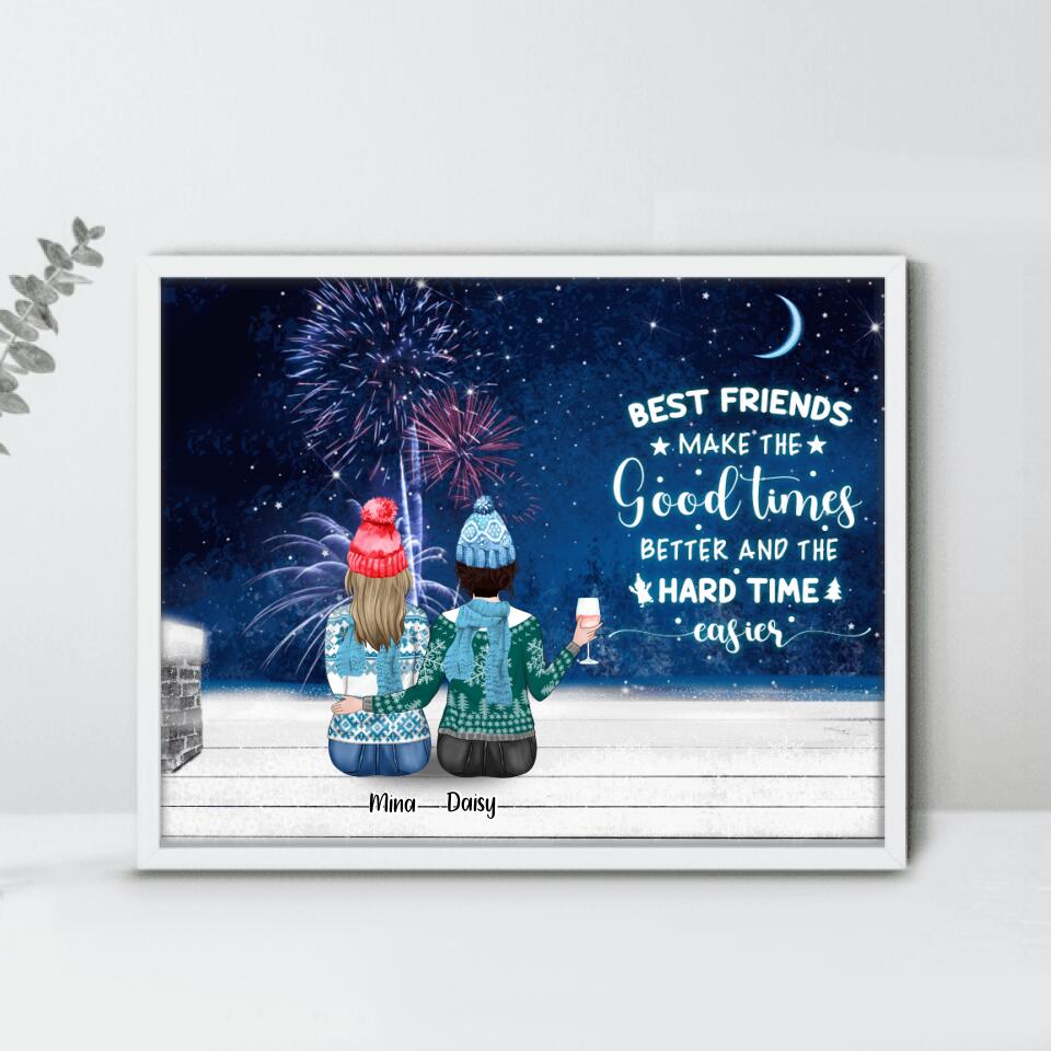 Personalized Christmas Besties With Wine By Window Poster - Up to 4 Girls - Christmas Gift For Best Friends - Best Friends Make The Good Times Better And The Hard Time Easier