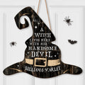 Personalized Hat Wooden Sign - Gift Idea For Halloween/Wiccan Decor/Pagan Decor - A Witch Lives Here With Her Handsome Devil