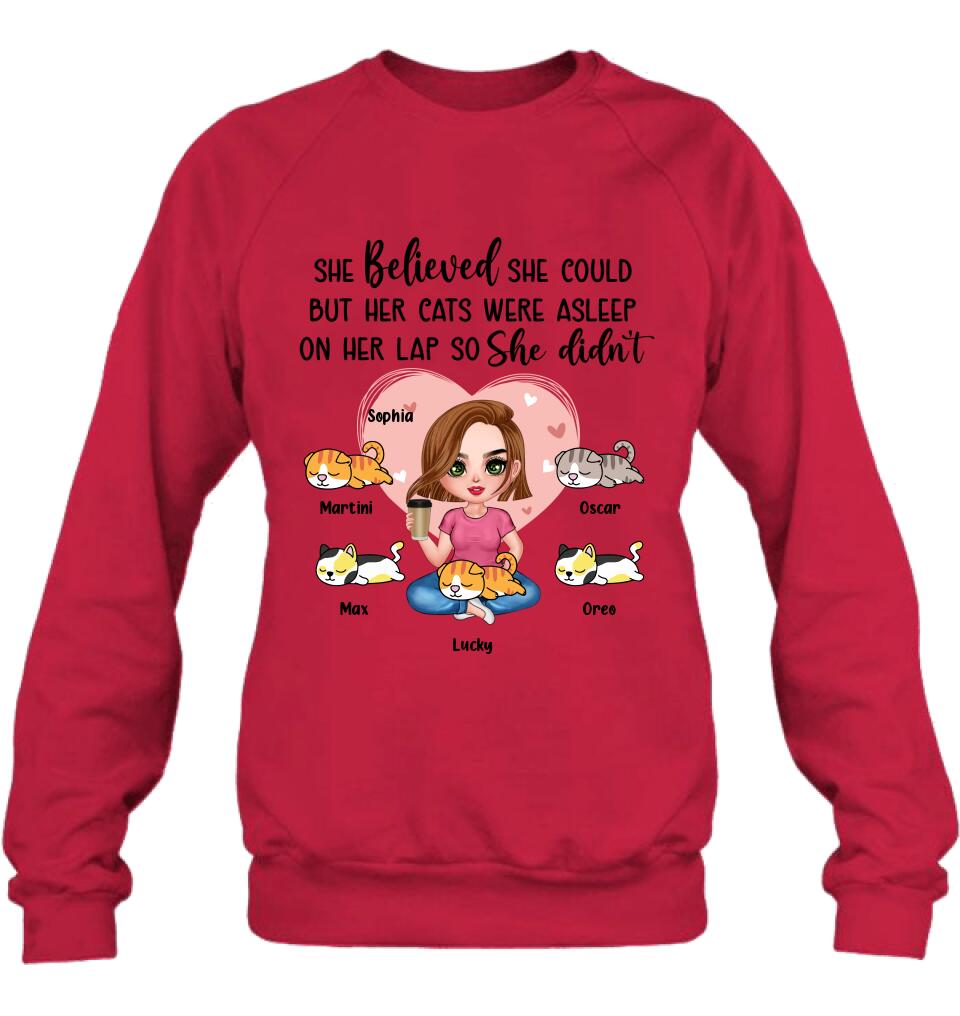 Personalized Cat Mom Shirt/Hoodie - Gift Idea For Cat Owner with up to 5 Cats - Her Cats Were Asleep On Her Lap