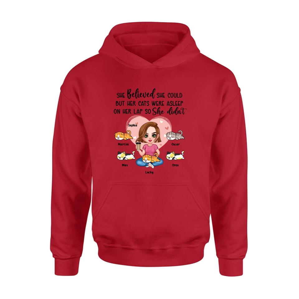 Personalized Cat Mom Shirt/Hoodie - Gift Idea For Cat Owner with up to 5 Cats - Her Cats Were Asleep On Her Lap