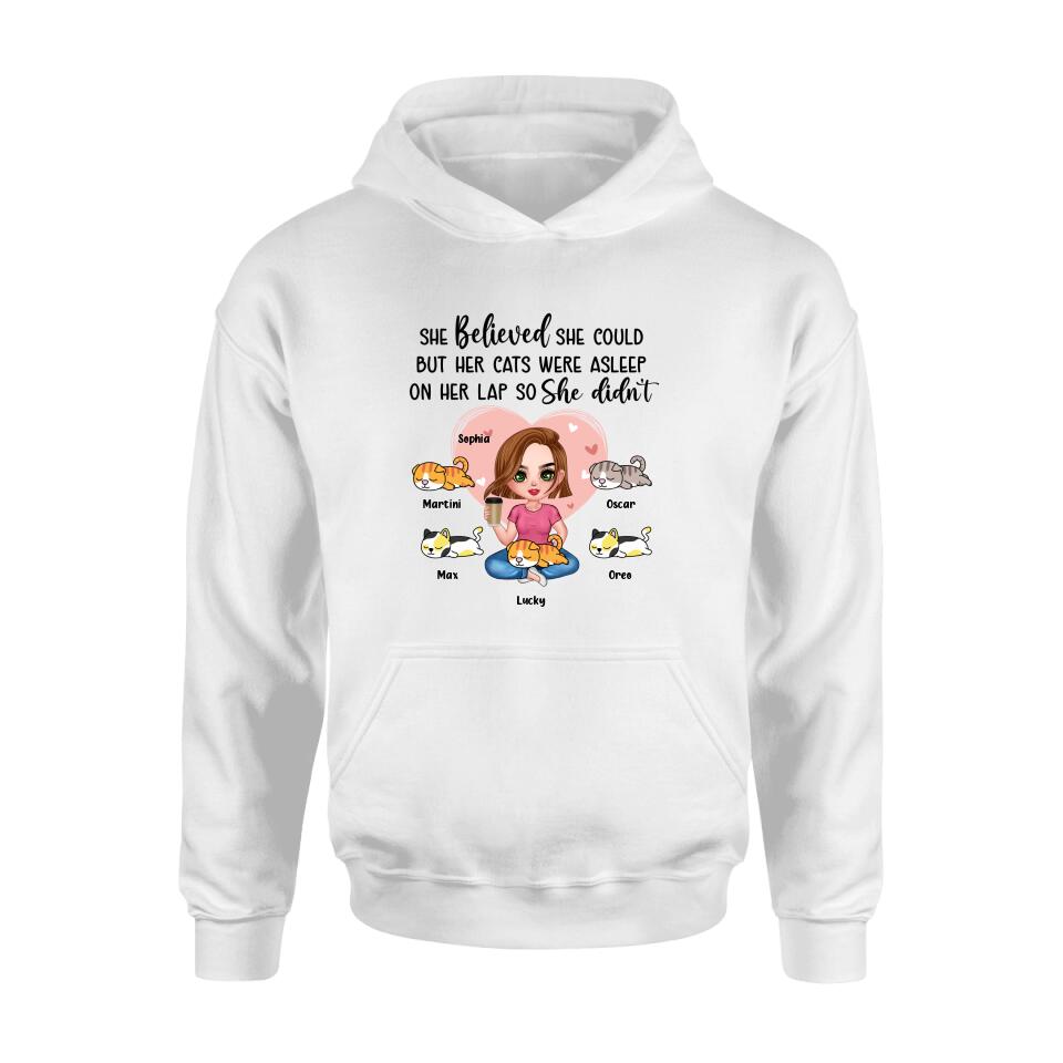 Personalized Cat Mom Shirt/Hoodie - Gift Idea For Cat Owner with up to 5 Cats - Her Cats Were Asleep On Her Lap