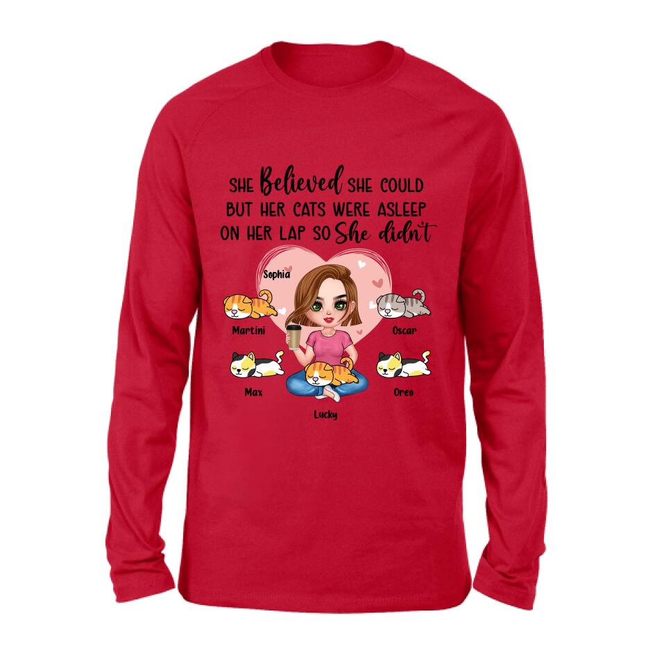 Personalized Cat Mom Shirt/Hoodie - Gift Idea For Cat Owner with up to 5 Cats - Her Cats Were Asleep On Her Lap