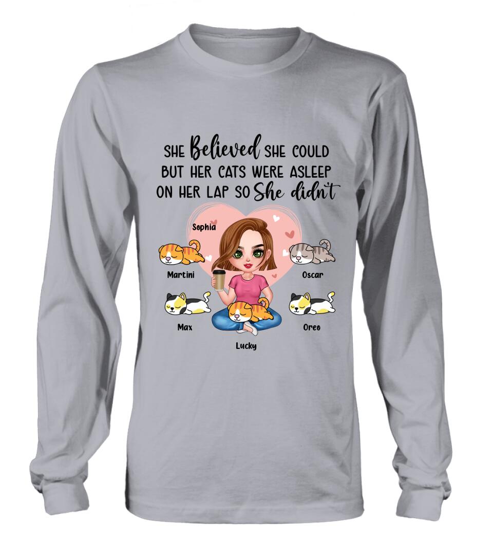 Personalized Cat Mom Shirt/Hoodie - Gift Idea For Cat Owner with up to 5 Cats - Her Cats Were Asleep On Her Lap