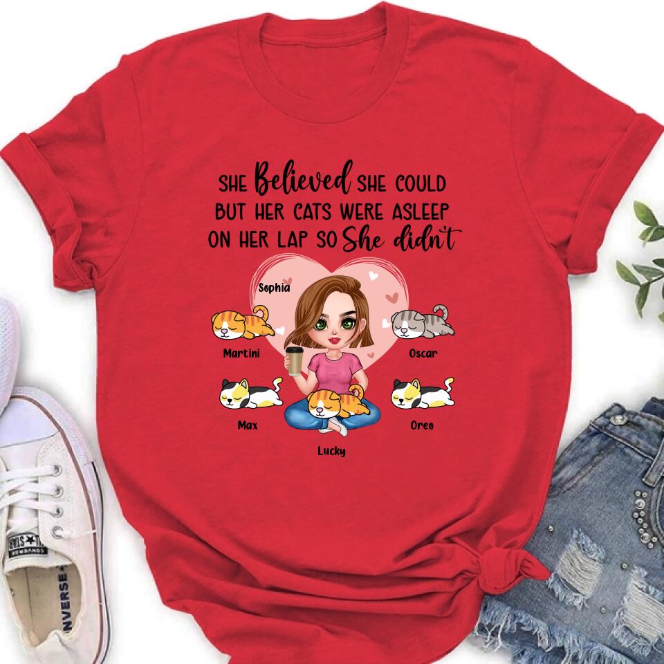 Personalized Cat Mom Shirt/Hoodie - Gift Idea For Cat Owner with up to 5 Cats - Her Cats Were Asleep On Her Lap