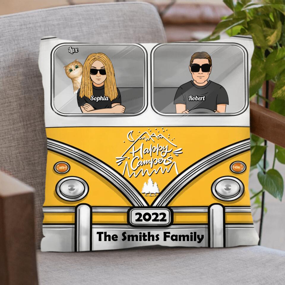 Personalized Happy Campers Pillow Cover/Fleece/Quilt Blanket - Parents, Single Parent With Up to 3 Kids And 6 Pets - Camping Gift For Family Members/Campers/Dog/Cat Lover