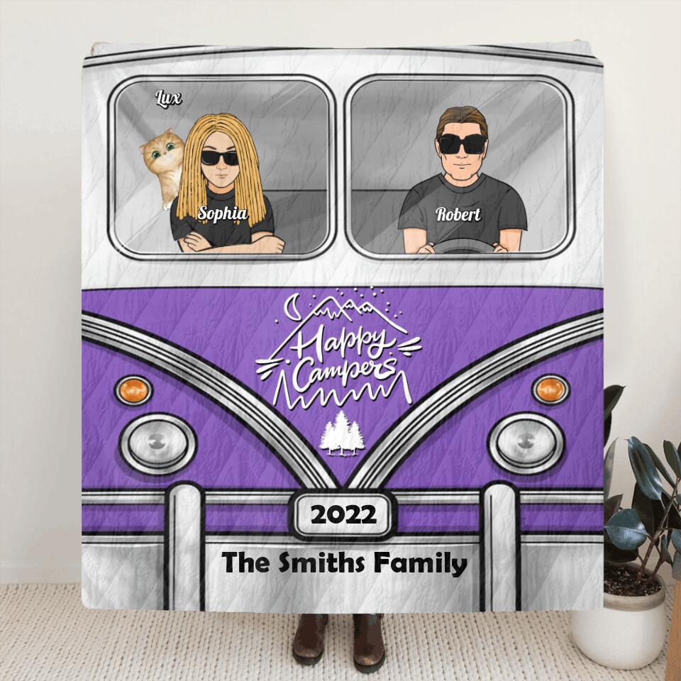 Personalized Happy Campers Pillow Cover/Fleece/Quilt Blanket - Parents, Single Parent With Up to 3 Kids And 6 Pets - Camping Gift For Family Members/Campers/Dog/Cat Lover