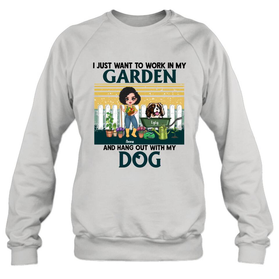 Personalized Gardening Girl Shirt/ Hoodie - Gift Idea For Gardening Lover/ Dog Lover with up to 6 Dogs - I Just Want To Work In My Garden and Hang Out With My Dog