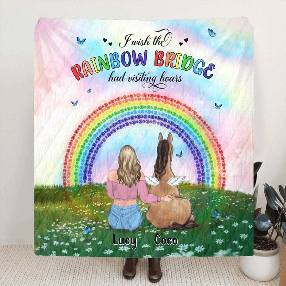 Personalized Horse Memorial Fleece/Quilt Blanket - Up to 4 Horses - Memorial Gift For Horse Lover - I Wish The Rainbow Bridge Had Visiting Hours