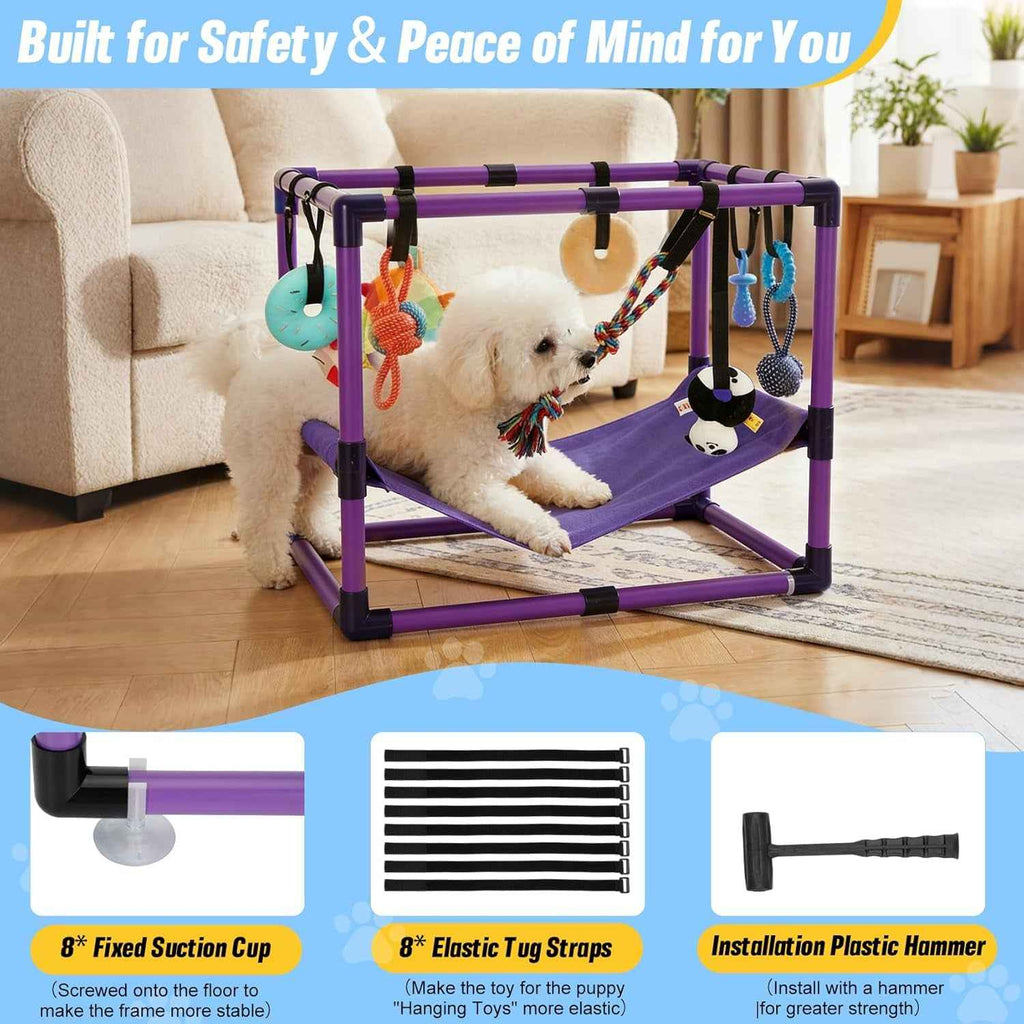 Indoor Puppy Play Gym with Hammock 8 Toys Dog Activity Center