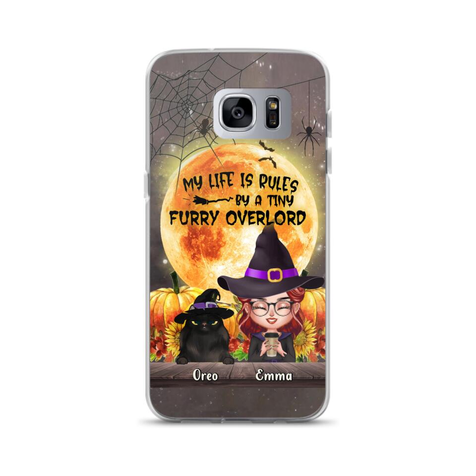 Custom Personalized Cat Witch Phone Case - Upto 5 Cats - Halloween Gift Idea For Cat Lovers - My Life Is Ruled By A Tiny Furry Overlord - Case For iPhone And Samsung