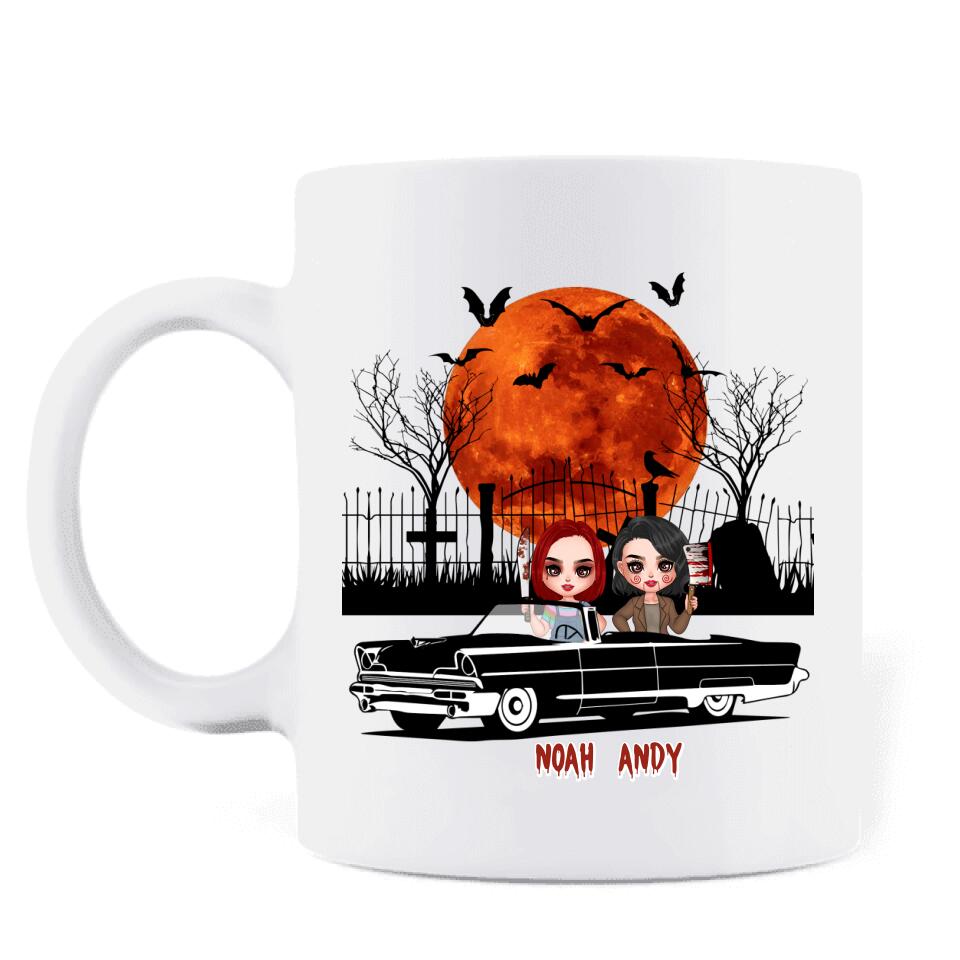 Personalized Horror Besties Coffee Mug - Halloween Gift Idea For Friends/Sisters - Up to 4 Girls - Get In Loser We’re Going Eat Children