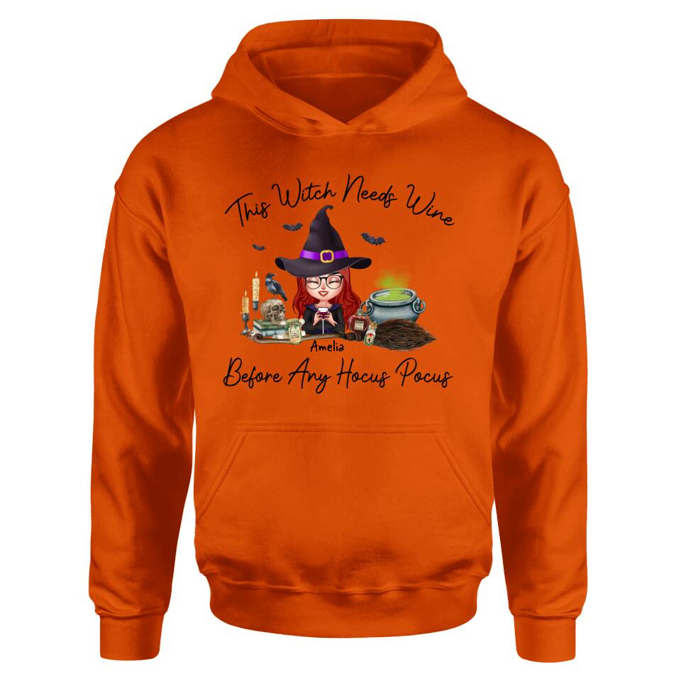 Personalized Witch T-shirt/Long Sleeve/Sweatshirt/Hoodie - Halloween Gift Idea - This Witch Needs Wine Before Any Hocus Pocus