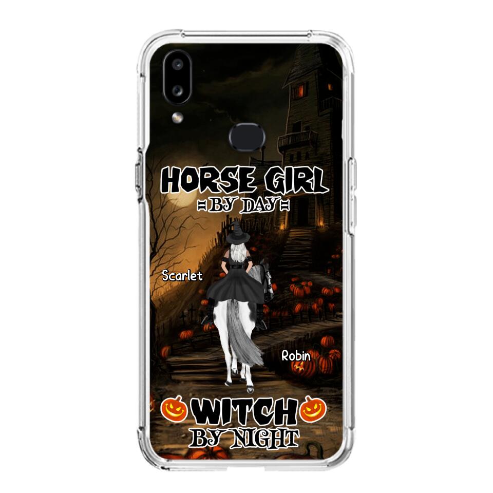 Custom Personalized Witch Riding Horse Phone Case - Halloween Gift For Horse Lovers/ Friends/ Besties - Upto 4 Girls - Horse Girl By Day Witch By Night - Case For iPhone And Samsung
