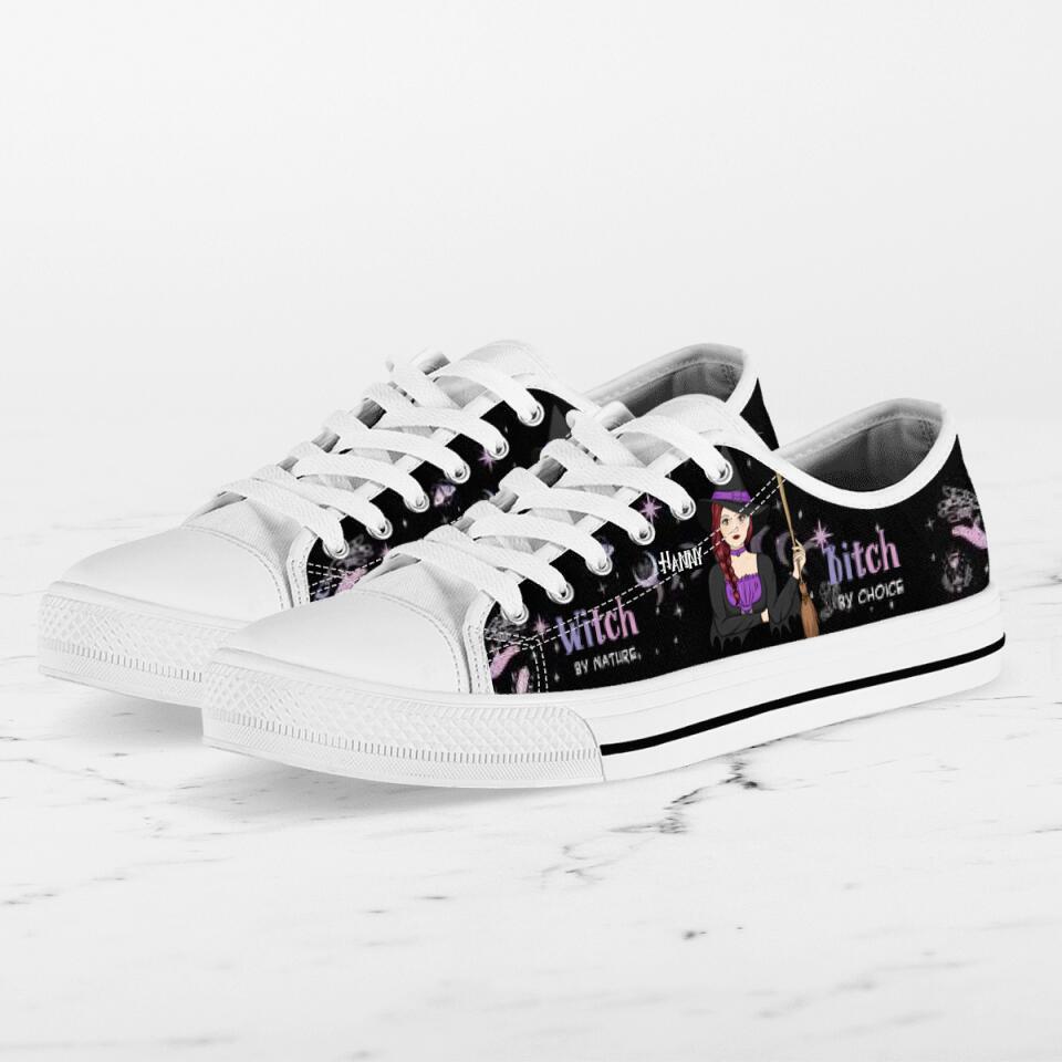 Personalized Witch Canvas Low Top Sneakers - Gift for Halloween - Witch by nature Bitch by choice Sneaker