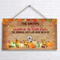 Custom Personalized Pet Wooden Sign - Gift Idea For Halloween/ Cat Lover/ Dog Lover With Up To 6 Dogs/Cats - Welcome To Our Home The Humans Just Live Here With Us