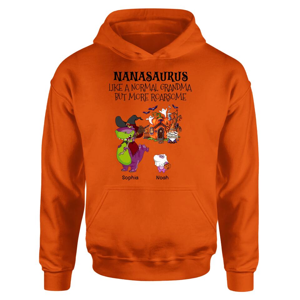 Personalized Nanasaurus T-shirt/Long Sleeve/Sweater/Hoodie - Gift Idea For Halloween/Grandma - Grandma With Up to 6 Kids - Nanasaurus Like A Normal Grandma But More RoarSome
