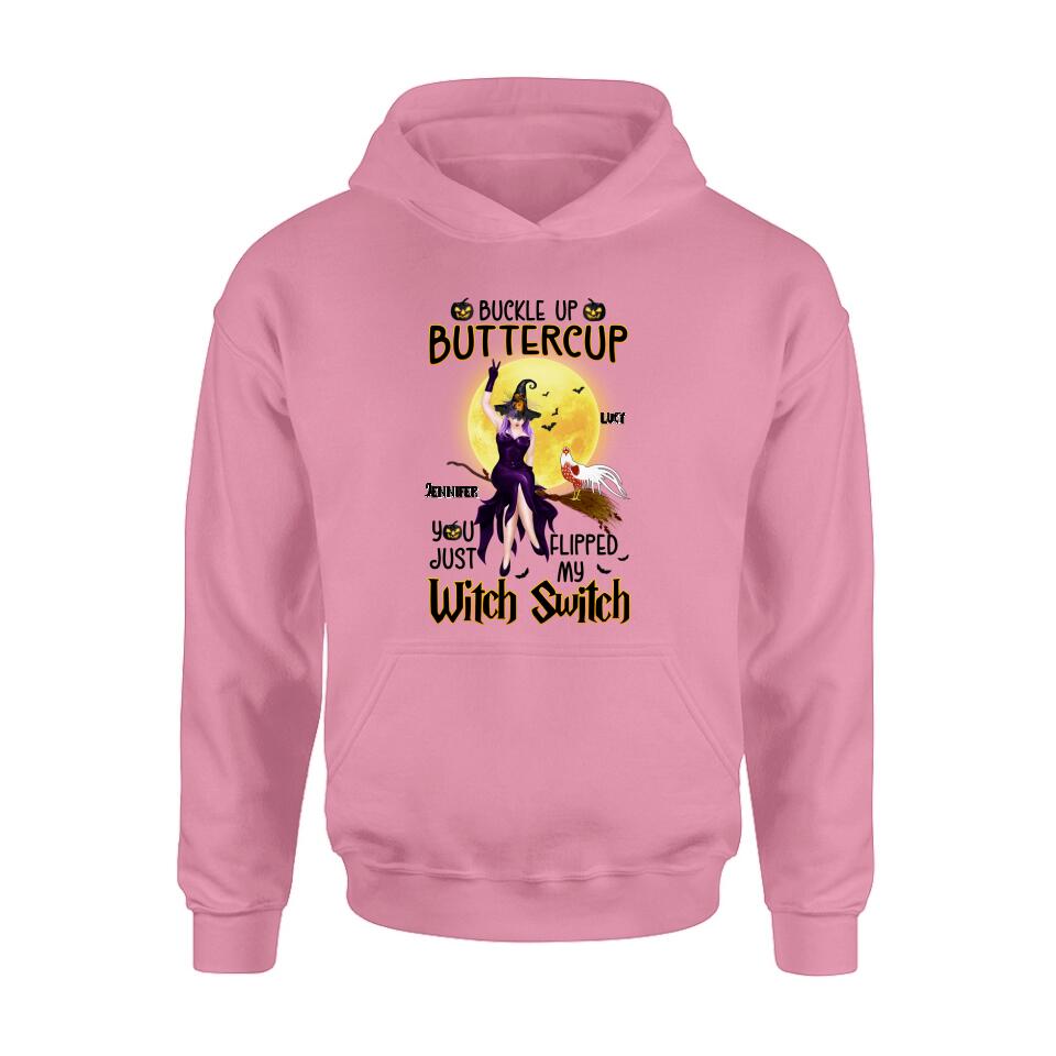 Personalized Halloween Witch Shirt - Up to 5 Chickens - Halloween Gift For Chicken Lovers - Buckle Up Buttercup You Just Flipped My Witch Switch