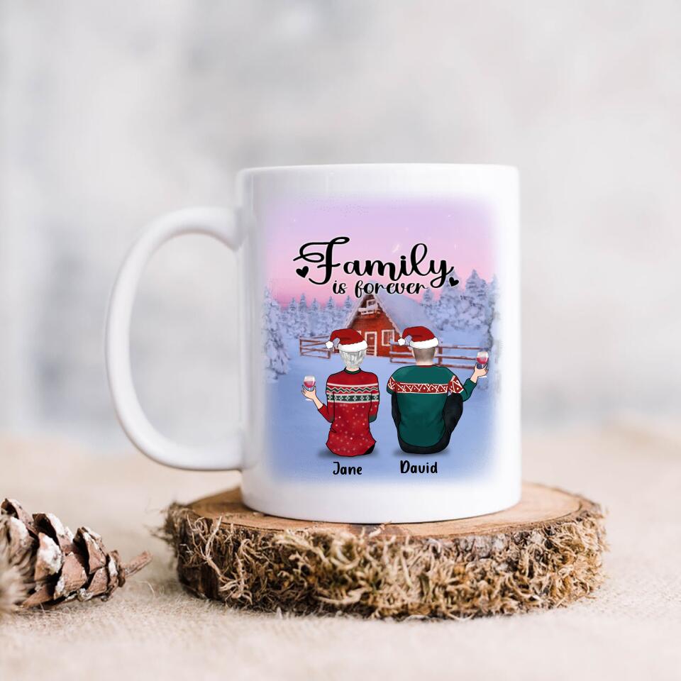 Personalized Christmas Family Coffee Mug - Couple/Parent With Up to 3 Pets And 2 Kids - Gift Idea For Dog/Cat Lover - Family Is Forever
