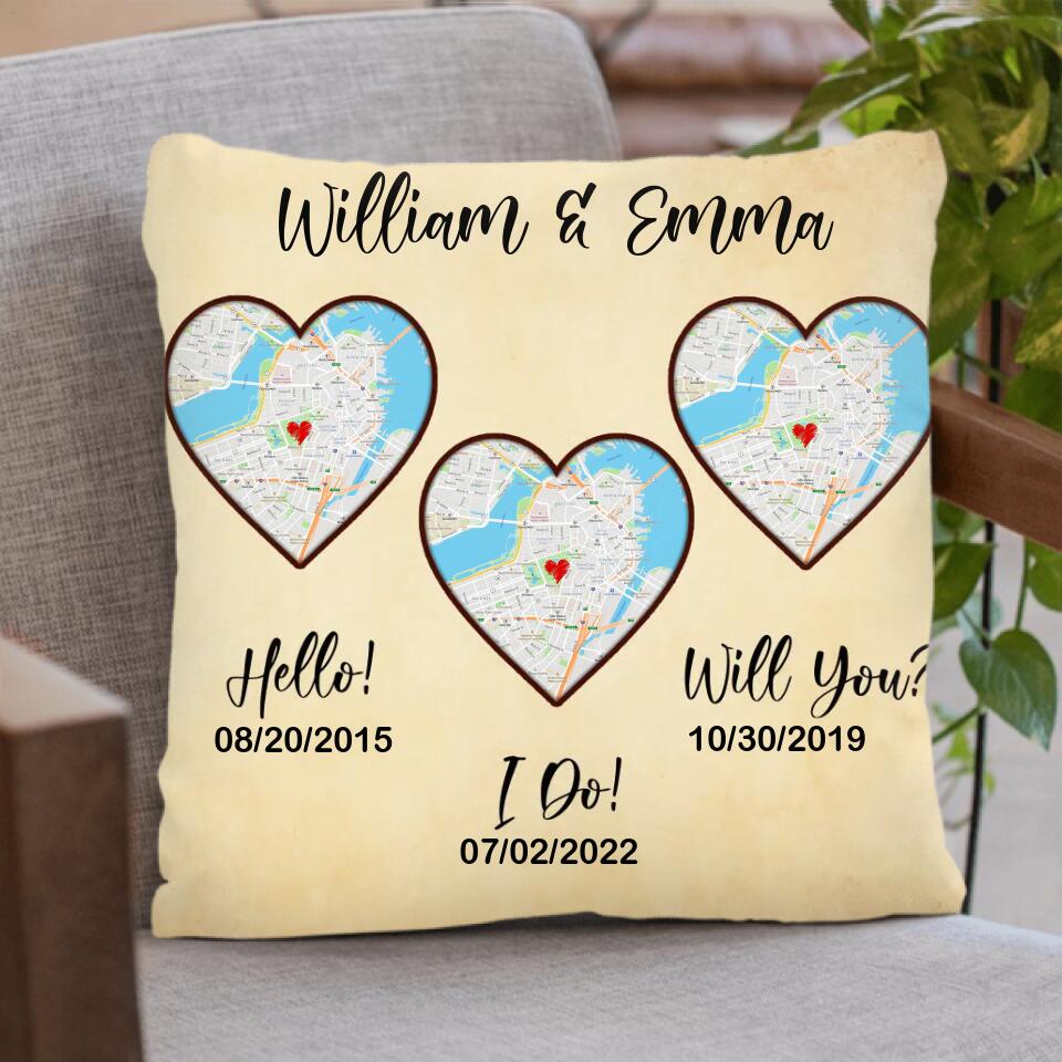 Custom Personalized Map Anniversary Pillow Cover - Anniversary Gift Idea For Couple - Hello, Will You, I Do
