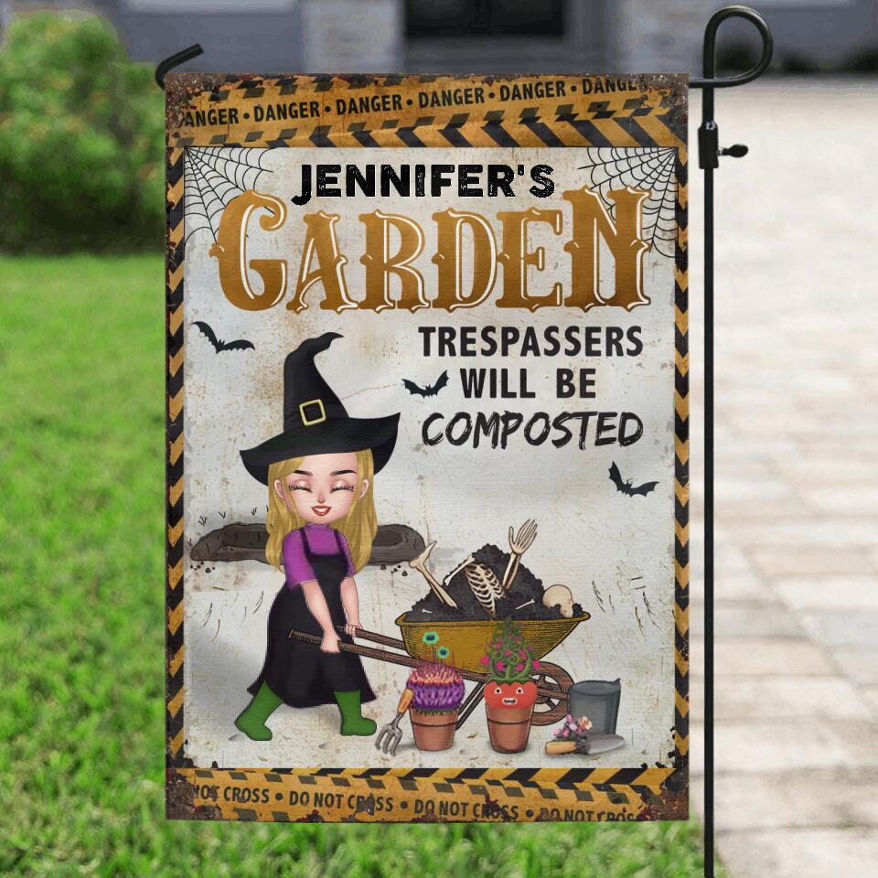 Personalized Halloween Garden Girl Flag Sign - Gift Idea For Halloween/Garden Lovers - Jennifer's Garden Trespassers Will Be Composted