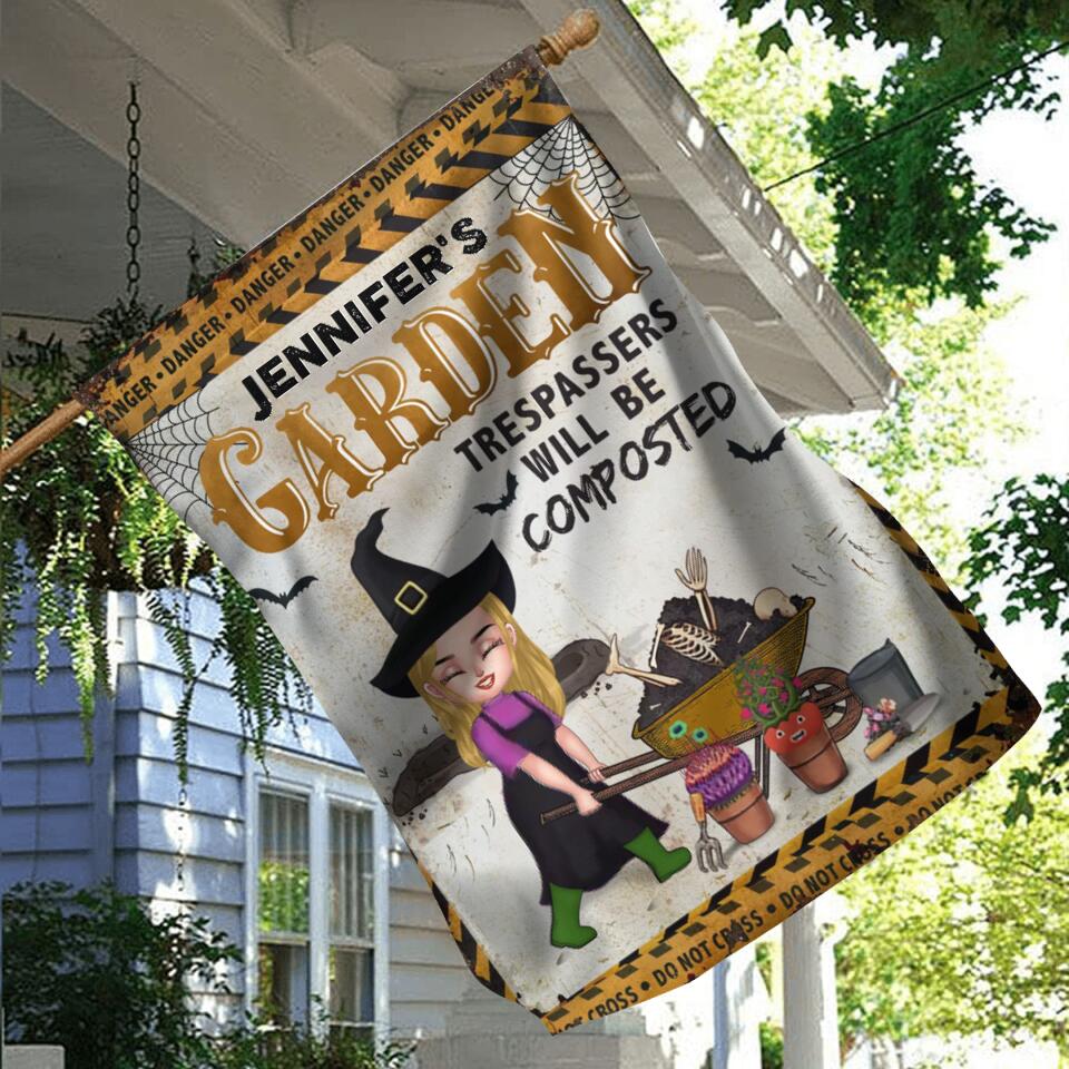 Personalized Halloween Garden Girl Flag Sign - Gift Idea For Halloween/Garden Lovers - Jennifer's Garden Trespassers Will Be Composted