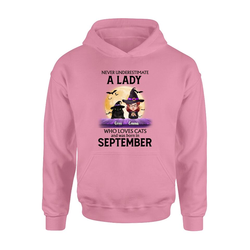 Personalized Cat Lady Shirt - Up to 6 Cats - Gift Idea For Halloween/Cat Lovers - Never Underestimate A Lady Who Loves Cats And Was Born In September