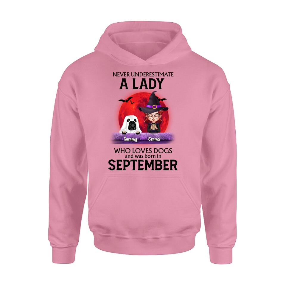 Personalized Dog Lady Shirt/Hoodie - Up to 6 Dogs - Halloween Gift Idea For Dog Lovers - Never Underestimate A Lady Who Loves Dogs