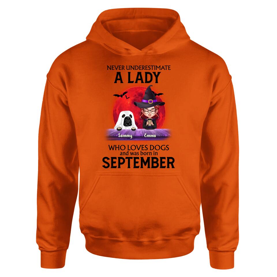 Personalized Dog Lady Shirt/Hoodie - Up to 6 Dogs - Halloween Gift Idea For Dog Lovers - Never Underestimate A Lady Who Loves Dogs