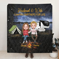 Personalized Camping Christmas Couple  Fleece Throw Blanket/Quilt - Gift Idea For Camping Lovers - Couple With Up To 4 Dogs - Husband And Wife Camping Partners For Life