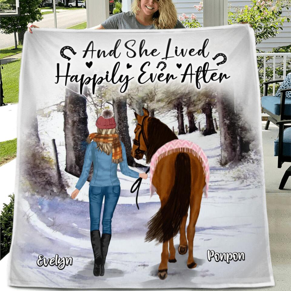 Personalized Horse Girl Fleece Throw Blanket/Quilt - Gift Idea For Christmas/Horse Lover with up to 4 Horses - And She Lived Happily Ever After