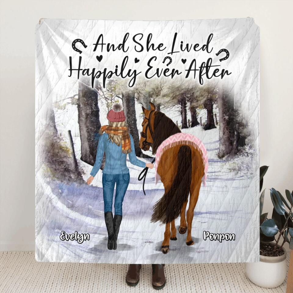 Personalized Horse Girl Fleece Throw Blanket/Quilt - Gift Idea For Christmas/Horse Lover with up to 4 Horses - And She Lived Happily Ever After