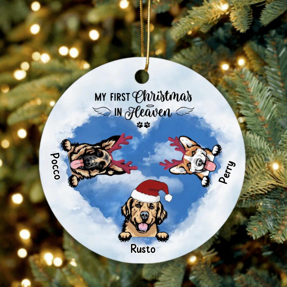 Personalized Christmas Circle Ornament - Memorial Gift Idea For Christmas/Dog Lover with up to 3 Dogs - My First Christmas In Heaven