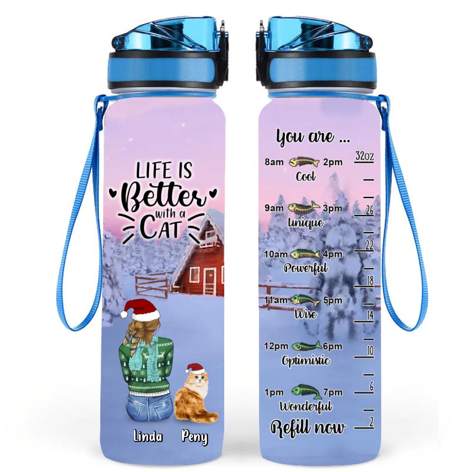Personalized Christmas Cat Mom Water Tracker Bottle - Up to 5 Cats - Christmas Gift Idea For Cat Lover - Life Is Better With Cats