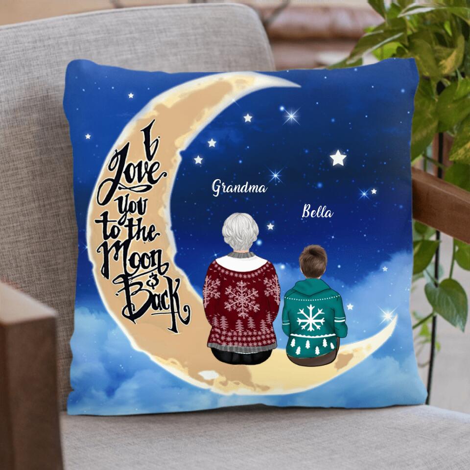 Personalized Grandma/Grandpa & Grandchilds Sitting On Moon Pillow Cover/Quilt/Fleece Blanket - Up to 4 Kids - Gift Idea For Grandma/Grandpa - I Love You To The Moon And Back