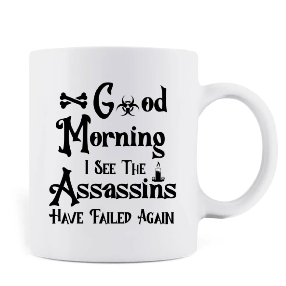 Personalized Halloween Coffee Mug - Gift Idea For Halloween/Cat Owner with up to 5 Cats - Good Morning I See The Assassins Have Failed Again
